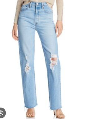 Levi's Premium Ribcage Straight High Rise Raw Jeans Button Fly Ripped - 30